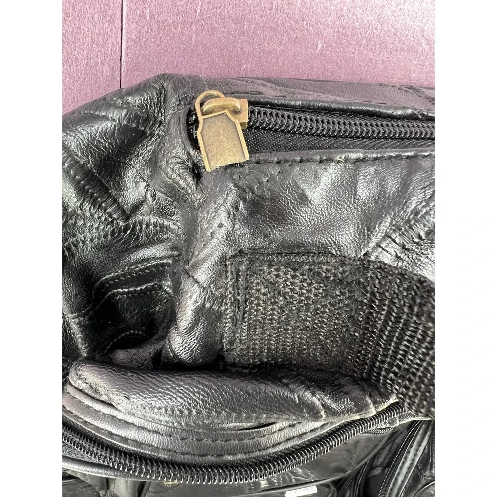 Vintage 90s Genuine Leather Patchwork Rolling Backpack Black Wheeled Travel Bag
